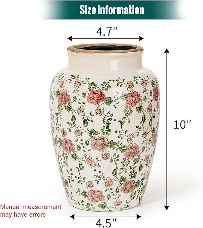 Sungmor Ceramic Flower Vase, Vintage Pink Ice Cracked Glaze Porcelain Vase | Pretty Home Decor Vase for Flower Arrangement, Fresh Flowers, 10.2 Inch Tall Chinoiserie Pottery Vase, Green Floral Pattern