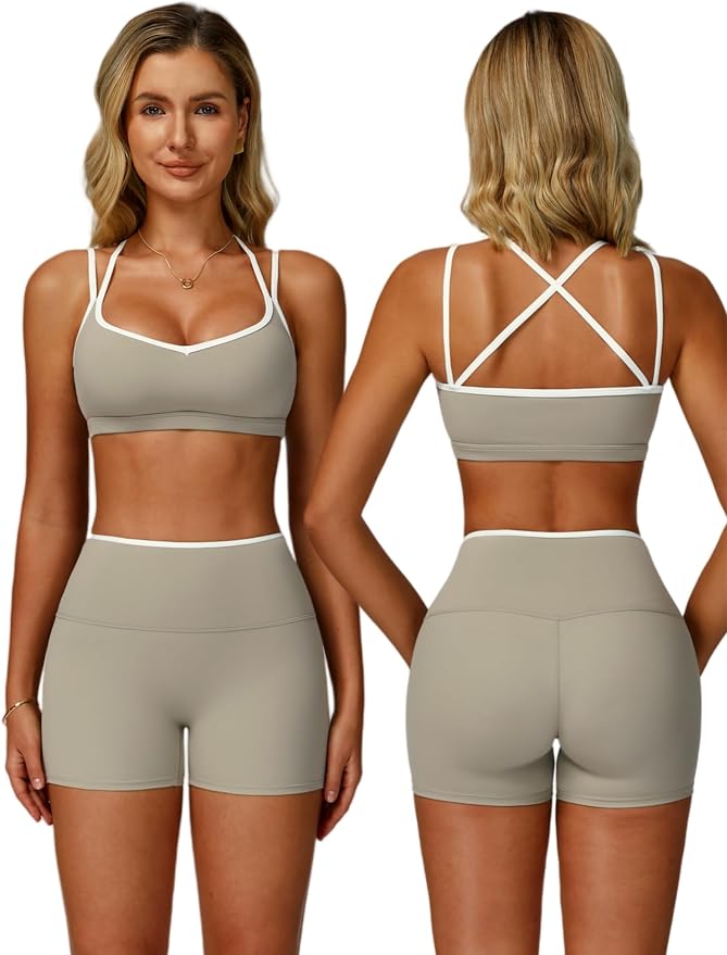ABOCIW Workout Sets for Women 2 Piece Color Block Strappy Sports Bra High Waist Shorts Gym Yoga Pilates Outfits