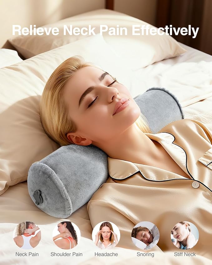 Luxtude Inflatable Neck Roll Pillow for Sleeping, Travel Cervical Pillow for Neck Pain Relief, Cylinder Support Pillows Round Bolster Pillows for Bed, Lumbar Roll, Legs, Back and Yoga (Grey-4.7in)