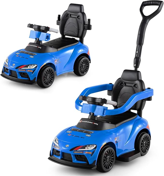Costzon Push Car for Toddlers, 3 in 1 Toyota Licensed Stroller Sliding Walking Car w/Handle, Music, Safety Guardrail, Under-Seat Storage, Foot-to-Floor Kids Ride On Toys for Boys Girls (Blue)