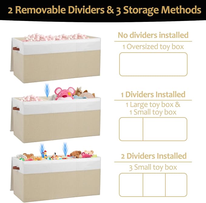 Extra Large Toy Storage Box with Lid,Toy Chest Bin Basket with Dividers | Sturdy Toy Organizer Bin for Kids, Boys, Girls, Nursery, Closet, Bedroom, Playroom 35.5"x17" x17" (Beige and White)