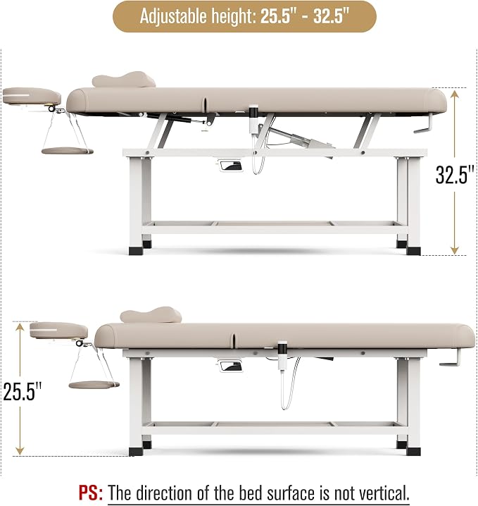 Olela Electric Heated Massage Table - Stationary Massage Table with Heating Function and Storage, Treatment Table with Electric Lift & Manual Adjustable Backrest, Metal Frame for Massage, Spa So On