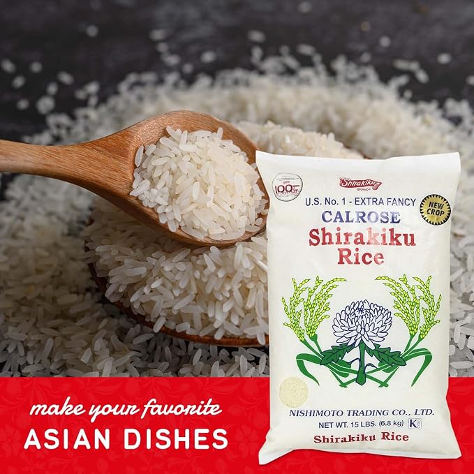 SHIRAKIKU Calrose Rice Medium Grain White Rice - Japanese Premium quality uncooked Milled Rice | Low Calories Perfect for Authentic Asian Cuisine 15 Pound, (Pack of 1)