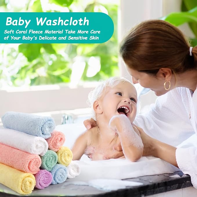HOMEXCEL Baby Washcloths 24 Pack-Microfiber Coral Fleece Baby Bath Face Towel 7 x 9 Inch Extra Absorbent and Soft Burp Cloth and Wash Cloths for Newborn-Infants and Toddlers-Gentle On Sensitive Skin