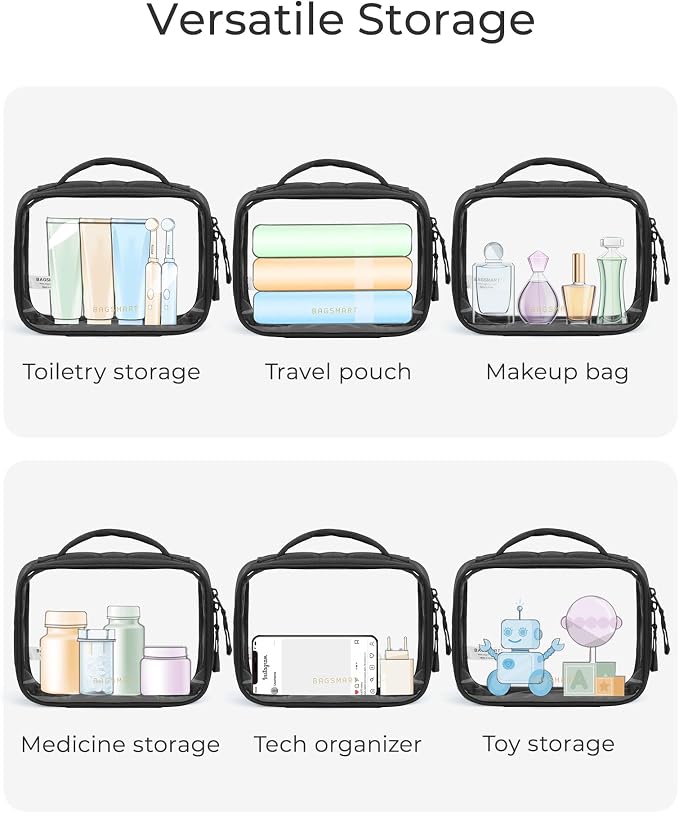 BAGSMART Clear TSA-Approved Toiletry Bag, Puffy Edges Travel Makeup Bag, Large Opening with Handle, Clear Cosmetic Bag with Double Zipper for Women (Black, 2Pack)