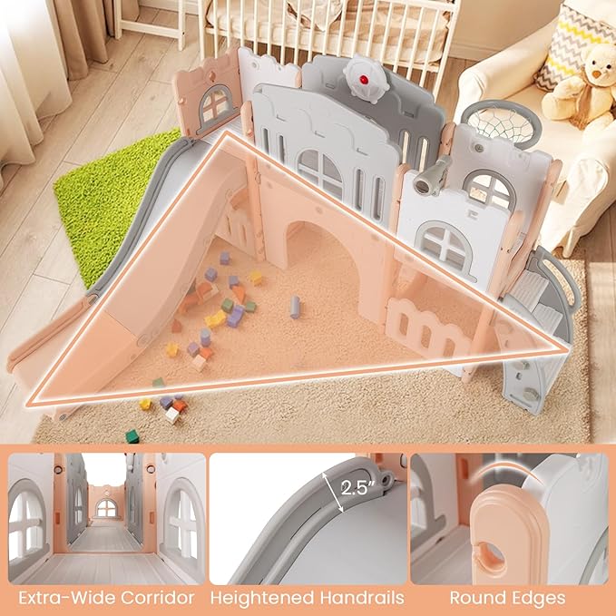 Costzon 8 in 1 Toddle Slide Playset, Freestanding Kids Slide w/Tunnel, Basketball Hoop, Toddler Climber Slide Playset Indoor Playground for Kids 1-3 w/Storage Space, Gifts for Boys Girls (Pink)
