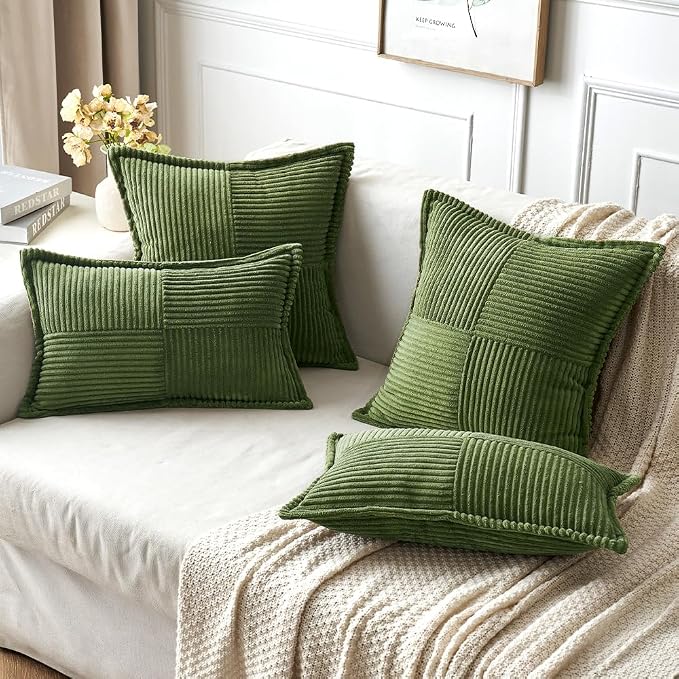 MIULEE Decorative Throw Pillow Covers for Couch 16x16 Inch Moss Green | 2 Pack, Boho Broadside Striped Patchwork Pillow Covers, Soft Corduroy Cushion Cases, For Sofa Bed Livingroom Home Decor