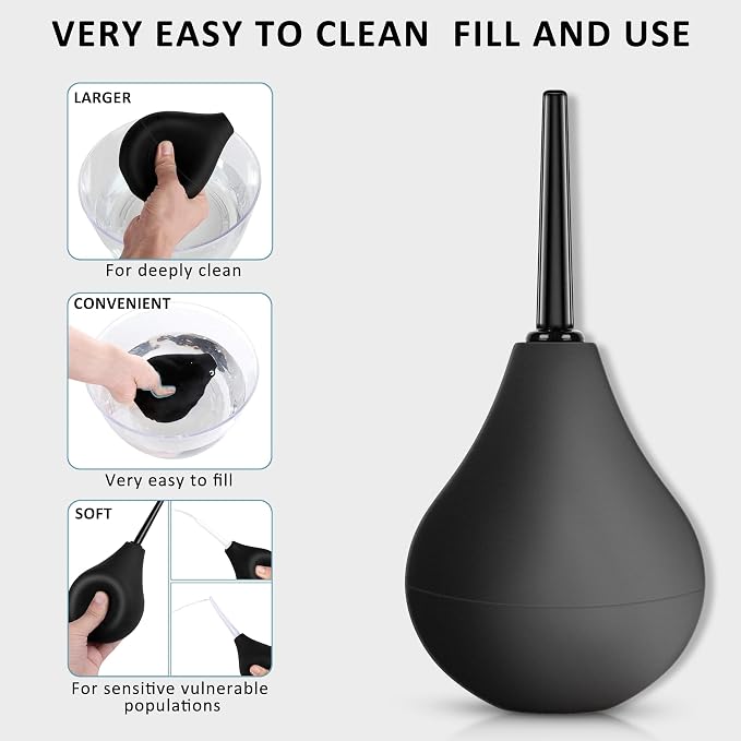 Enema Bulb Mens Anal Douche - 8 oz Reusable Clean Douche Enema Kit for Men with 3 Replaceable Nozzle ，Reusable Anal Cleaner Enema Bulb (Black,3 Piece Set)