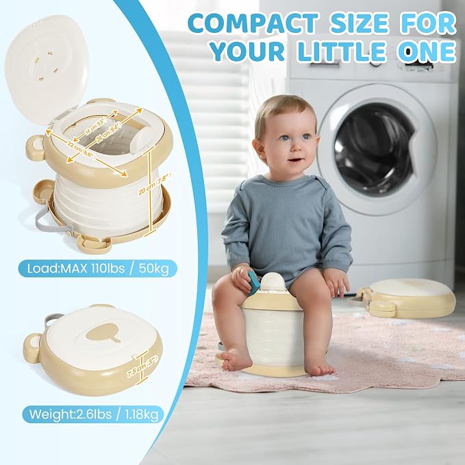 Orzbow Portable Potty Training Toilet, Travel Potty Seat for Toddler Boys Girls, Toilet Training Essentials, Foldable, Includes Free Travel Bag and Disposable Liners, Indoor/Outdoor Use, Khaki