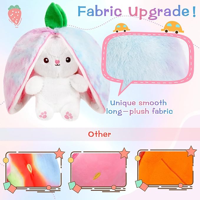 MIAODAM Rainbow Strawberry Bunny Stuffed Animal, Nebula and Strawberry Bunny Plush Turn Into Rabbit Fruit Doll Pillow, Plushie Cute Bunny Toy for Baby and Kids (10 inch)