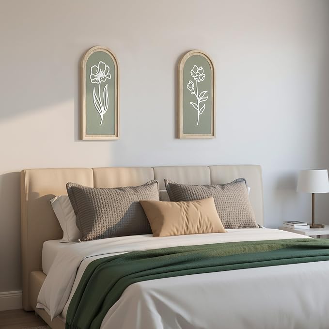 Sage Green 3D Wooden Floral Wall Art Set of 2, Arched Bathroom Wall Decor | Raised white floral cutouts in arched wood frames; ready-to-hang boho botanical decor for bedrooms, hallways and entryways
