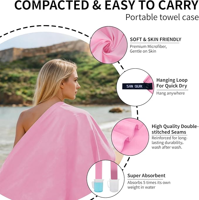 Quick Dry Camping Towel with EVA Case, Microfiber Travel Towel 3 Size at 1 Pack, Super Absorbent Lightweight Fast Drying Towel Set for Beach, Gym, Sports, Backpacking, Yoga & Swimming Pool, Pink