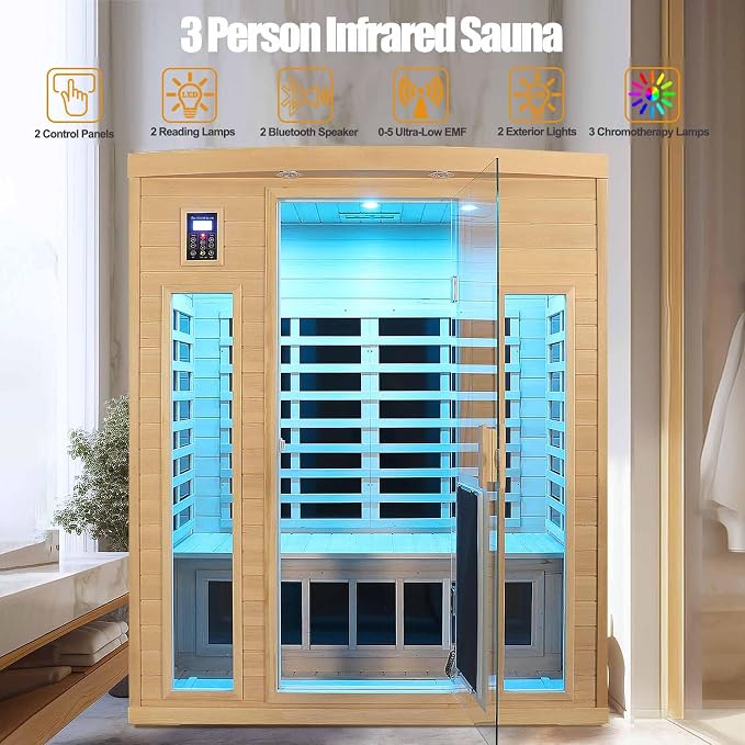 3 Person Infrared Sauna 0-5mG Ultra Low EMF Far Infrared Sauna for Home 2130W/20A Canadian Hemlock Indoor Sauna with Front Door Heating Panel, Chromotherapy Lights