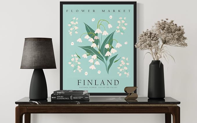 Finland, Lily of the Valley Art Print Poster, Flower Market Wall Art, Floral Artwork Decor for Bedroom, Kitchen, Bathroom, Livingroom Decoration 52 (Finland, Lily of the Valley, 10"L x 8"W, Black Frame)