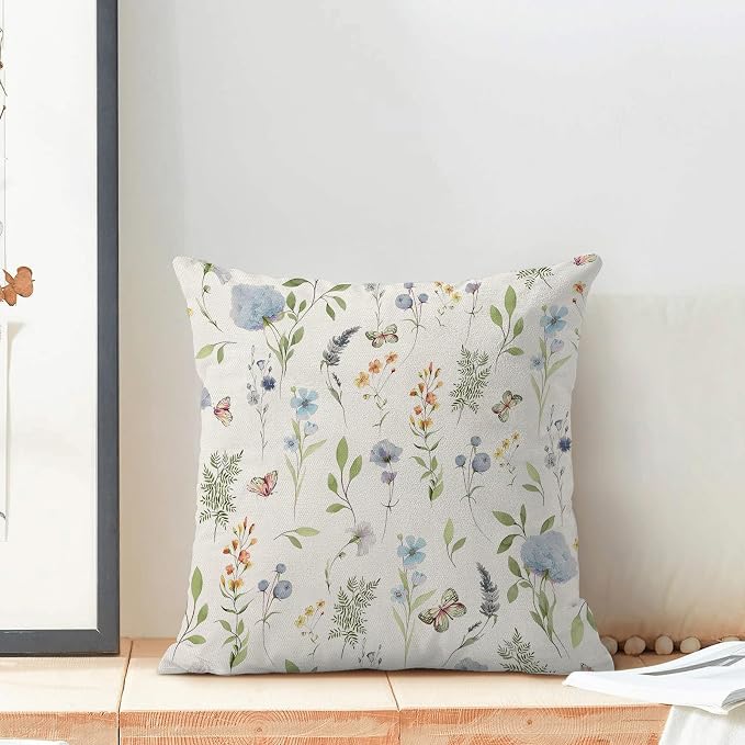 Spring Pillow Covers 16x16 Inch Set of 2, Sage Green Blue Wild Flower Throw Pillows Case,Colorful Seasonal Floral Plant Outdoor Decorative Farmhouse Decor Cushion Covers for Home Sofa Bed Couch