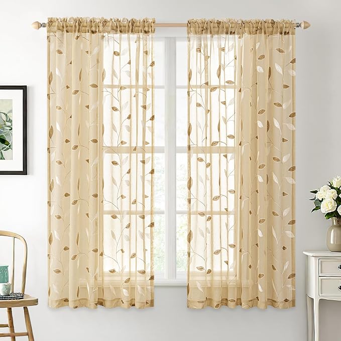 MIULEE Khaki Sheer Curtains 2 Panels Embroidered Leaf Patterned Rod Pocket Floral Semi Sheer Faux Linen Window Curtains Drapes Set for Living Room Bedroom Dining Room, 52x63 Inches Long