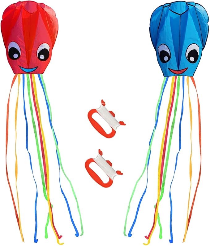 2-Pack New Upgraded Smiley Large Octopus Kites, Easy to Fly Long Colorful Tail Kites for Kids Adults Outdoor Activities Beach Park Trip, Great Gift for Children Childhood Precious Memories