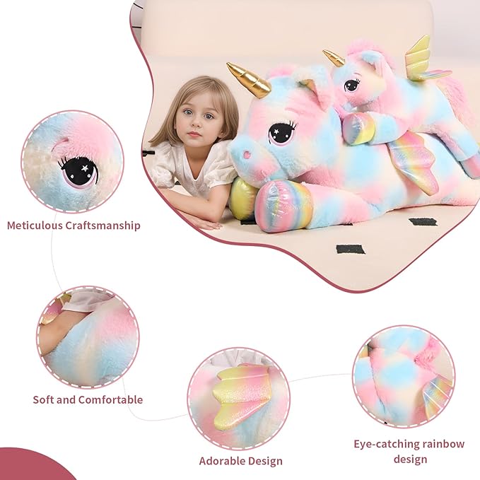 FFxiong 44 Inch Giant Color Unicorn Stuffed Animal Pillow, Cute Soft Big Unicorn with Rainbow Wings Large Plush Toy, Gifts for Girlfriend Girl Boy Kids Christmas Birthday Valentines