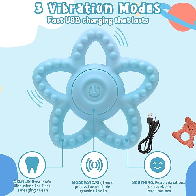 Wacipeck Vibrating Teether for Babies 6-18 Months，Sensory Toys for Kids with Autism Oral Motor Therapy ，3 Speed Vibration Baby Teething Relief，Toddler Travel Essential & 1-2 Year Old Boy Girl Gift