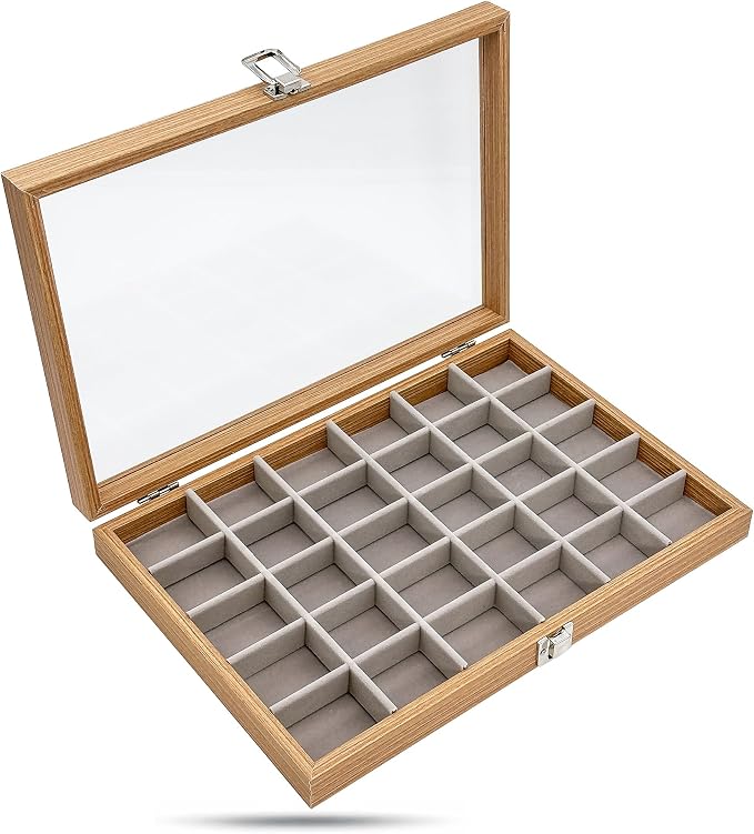 Wooden Travel Jewelry Box w. Tempered Glass Display Lid - Earrings Storage - 30-Compartments Velvet Organizer (Natural Oak) by The Display Guys