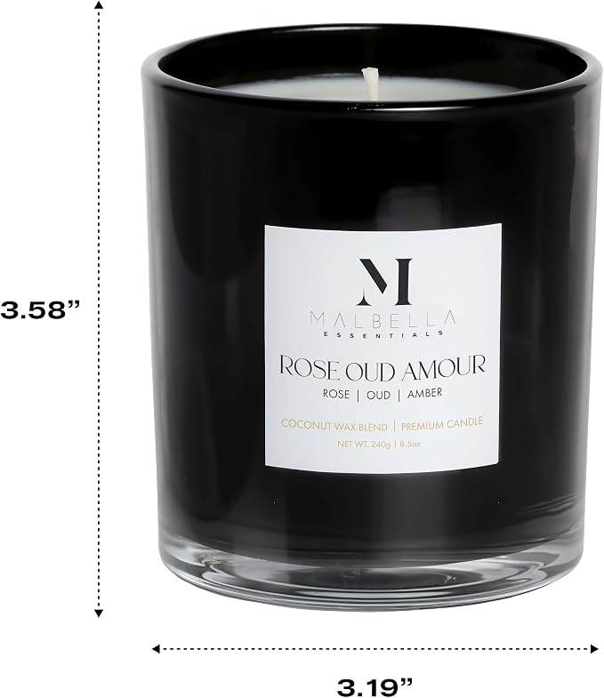 Rose Oud Amour Luxury Scented Candle for Women & Men | 8.5 oz Hand-Poured Coconut Wax Blend | Modern Self-Care Aromatherapy Candle | 50 Hr Burn | Gift-Ready Glossy Glass Vessel