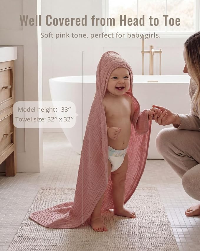 Blissful Diary Muslin Baby Hooded Towel 2 Pack, Soft & Absorbent Bath Towel for Baby Girls, Infant Gift, Newborn Essentials, Pink Floral & Light Pink
