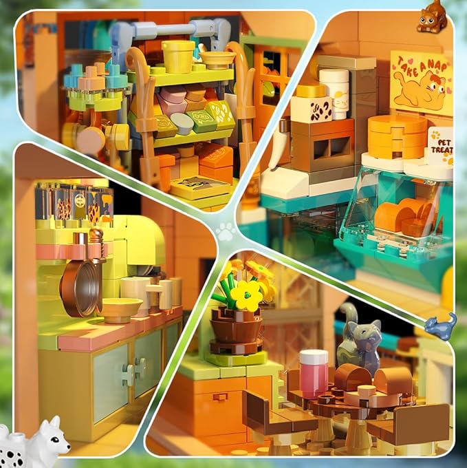 City Pet Shop Building Set with Lights, Cozy Pet House Construction Toy with Cats Dogs Rabbit, 1431 PCS Cute Animal Store Miniature Model Building Block Kit for Adults Kids Boys Girls Ages 12+