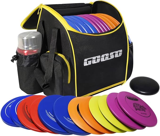 GOOSO Disc Golf Set with Bag - 12 PCS Flying Disc Golf Discs for Beginner with Putter, Midrange, Driver | Portable Disc Golf Backpack Holds 28+ Discs Free Stand Bag Design for Convenient Use
