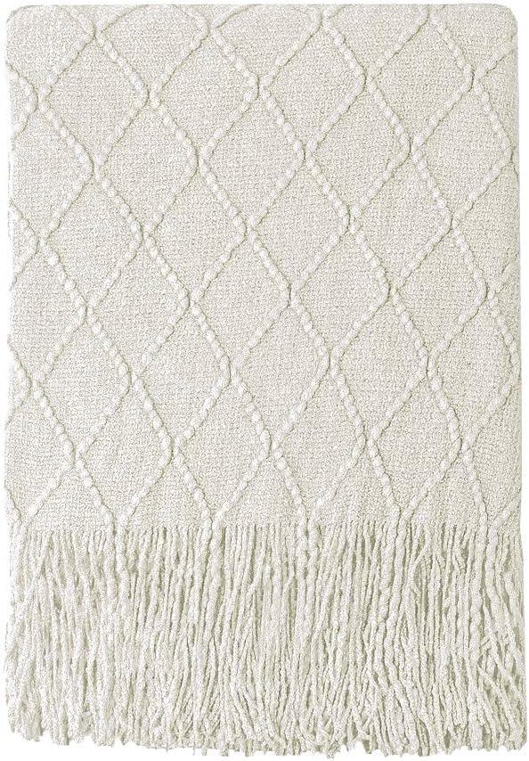 BOURINA Beige Throw Blanket 60x80 Inch Boho Knitted Soft Throw Sofa Blanket | Knitted Throw Blanket 60x80 Inches, Soft Lightweight Boho Weave Throw Decorative Couch Blanket for Living Room Bedroom Chair