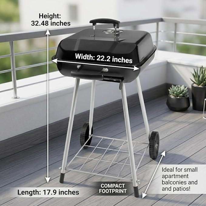17.5 Inch Square Charcoal Grill with Wheels, Portable Outdoor BBQ Kettle Grill for Patio and Backyard Cooking, Porcelain-Coated Steel Grates and Adjustable Dampers, 302 Sq In Cooking Area, Black