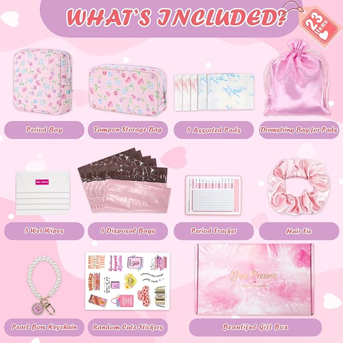 22 PCS First Period Starter Kit Gift for Teen Girls Period Bags for Teen Tweens Girls with Sanitary Pad Storage Bag, Wipes, Menstrual Tracker, Disposal Pouches and More (Pink Floral)