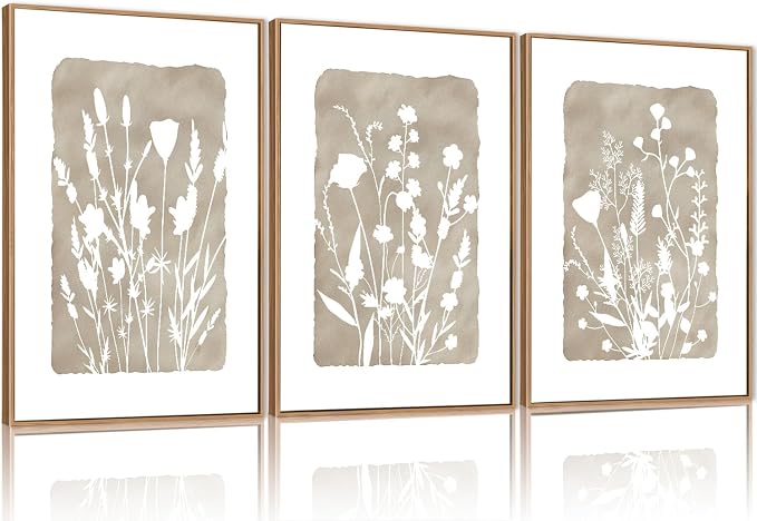 FWIEXA Neutral Botanical Canvas Wall Art Set 3, Minimalist Boho Wildflowr Framed Prints, Beige Floral Paintings, 16x24In Rustic Plant Artwork Poster for Farmhouse, Gift, Living Room, Bedroom, Office