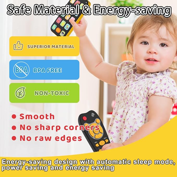 Toy Phone Baby Remote Control Toy Set, Play Phones TV Remote Control with Music Light for 6+ Months, Early Learning Baby Toys Gift for 1 Year Old Boys Girls Toddler Infant Kid, English/Spanish, Orange