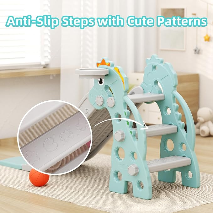 GLAF Toddler Slide Baby Kids Indoor Slide for Toddlers 1-3 Indoor Outdoor Playset with Basketball Hoop and Ball Kids Backyard Climber Set (Mint)