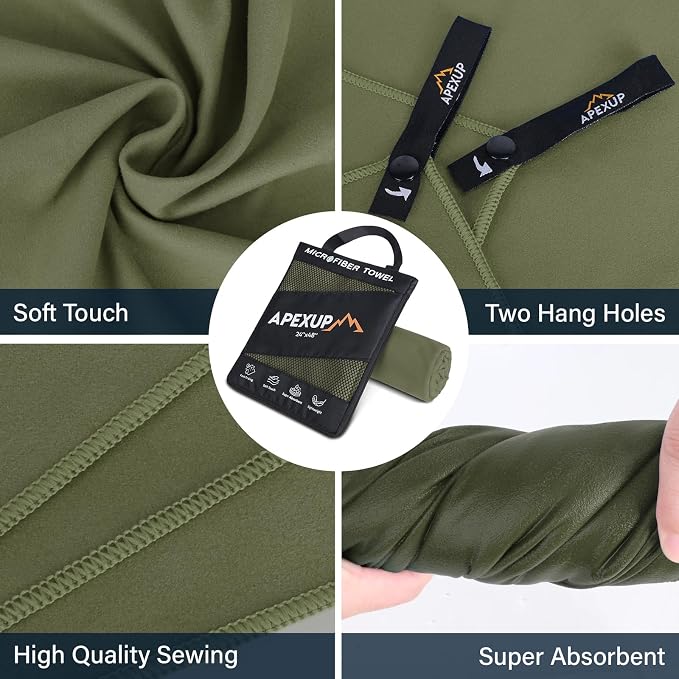 APEXUP Microfiber Travel Towel, Ultra Absorbent Quick Dry Towels, Lightweight Gym Sports Camping Towel for Workout, Yoga, Beach, Shower, Swimming (24"×12", Army Green)