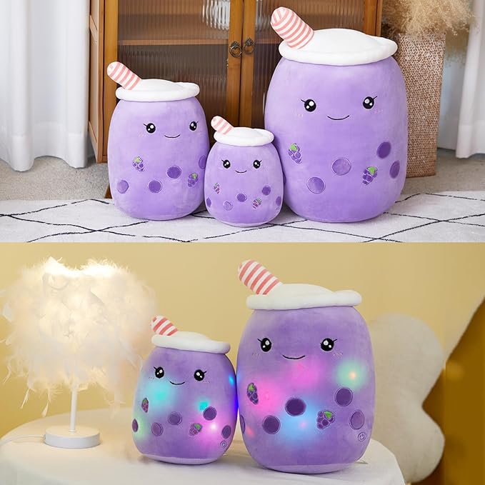 Athoinsu Light Up Purple Boba Bubble Tea Cup Pillow, 10 inch Kawaii Plushies with Colorful LED Lights, Cute & Squishy Glow Pillows, Soft Plush Stuffed Toys for Kids,Girls,Boys (Purple, Small)