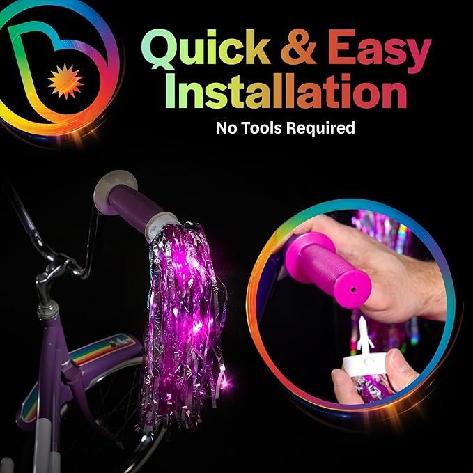 Brightz SparkleBrightz LED Light Up Bike Streamers, 2-Pack - LED Light Up Tassels for Bikes & Scooters - Add Glimmer & Shine to Your Handlebars - Batteries Included