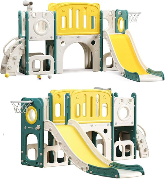 MOCUTEEN 8 in 1 Toddler Slide,Baby Playset for Indoor Outdoor Playground with Basketball Hoop,Storage and Telescope,Climbing Toys for Toddler Playground Playset