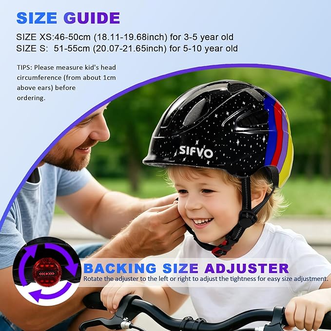 Kids Bike Helmet with LED Light, SIFVO Youth Toddler Boys Girls Helmets,2 Size Adjustable for Ages 3-5-10,Multi-Sport for Bicycle, Scooter, Skateboard,46-55cm