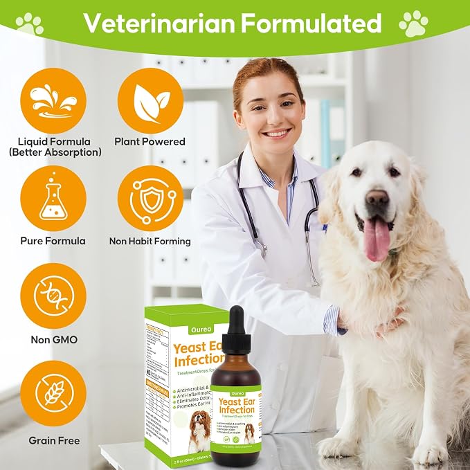 Dog Yeast Ear Infection Treatment Drops, Relieves Ear Redness Discomfort Itching and Allergy, Reduces Inflammation Irritation, Herbal Drops for Itchy Skin Ear Odor Relief for Dog Yeast Ear Infection