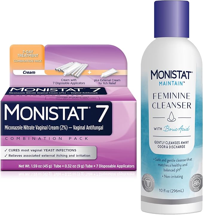 Monistat 7 Day Yeast Infection Treatment for Women, 7 Miconazole Cream Applications with Disposable Applicators + 10 fl oz Boric Acid Feminine Cleanser
