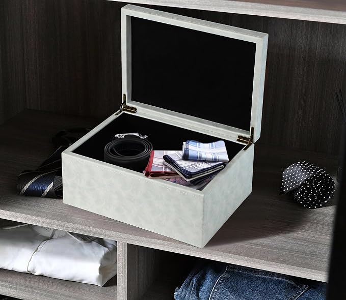 HofferRuffer Faux Leather Decorative Box, Large Wooden Structure Keepsake Box Accessory Organizer Jewelry Organizer with Hinged Lid, Storage Container for Home or Office (Cream White)