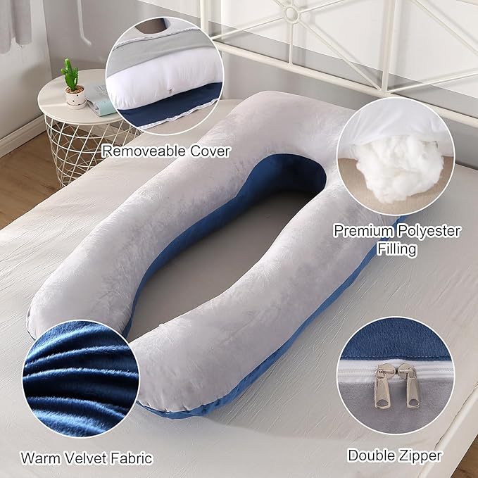 Amagoing 55 inches Pregnancy Pillows for Sleeping, U Shaped Maternity Full Body Pillow for Pregnant Women with Hip, Leg, Back, Belly Support, Washable Velour Cover Included
