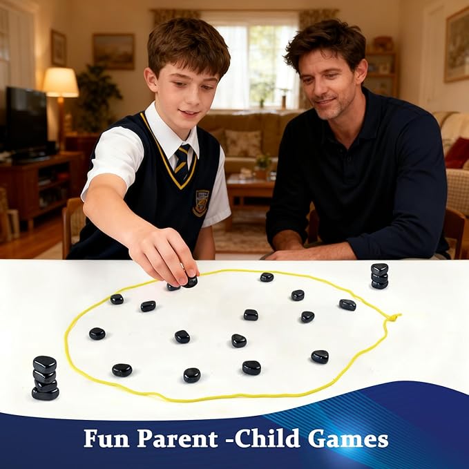 Magnetic Strategy Game Set, 20 Black Magnetic Pieces with Yellow Boundary Rope, Tabletop Party Game for 2 Players, Includes Storage Bag