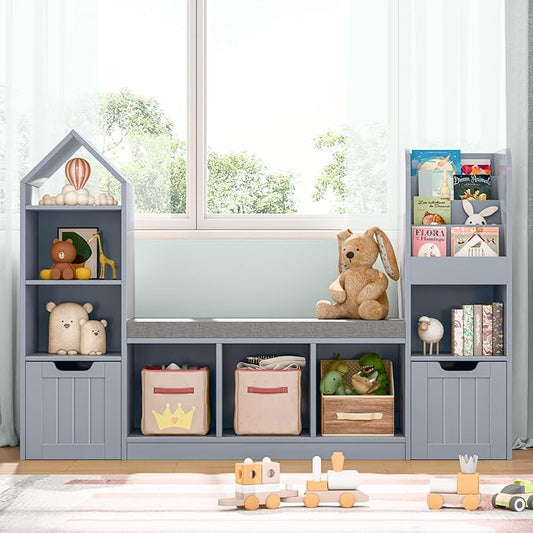 Kids Bookcase with Reading Nook, Bench Kids Bookshelf with 7 Storage Cubbies and 2 Movable Drawers, Multi-Purpose Toy Storage Organizer with Seat Cushion for Playroom, Bedroom, Living Room, Grey