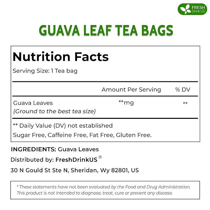 FRESHDRINKUS, Premium 75 Guava Leaf Tea Bags, 100% Natural & Pure. Loose Leaf Guava Herbal Tea. No Sugar, No Caffeine, No Gluten, Vegan.