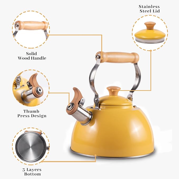 ROCKURWOK Tea Kettle, Tea Pot with Cool Touch Ergonomic Handle, Teapot Food Grade Stainless Steel, Tea Kettle Stovetop, Kettle Teapot, Whistling Tea Kettle, Tea Pot, 2.7 Quart (Yellow)