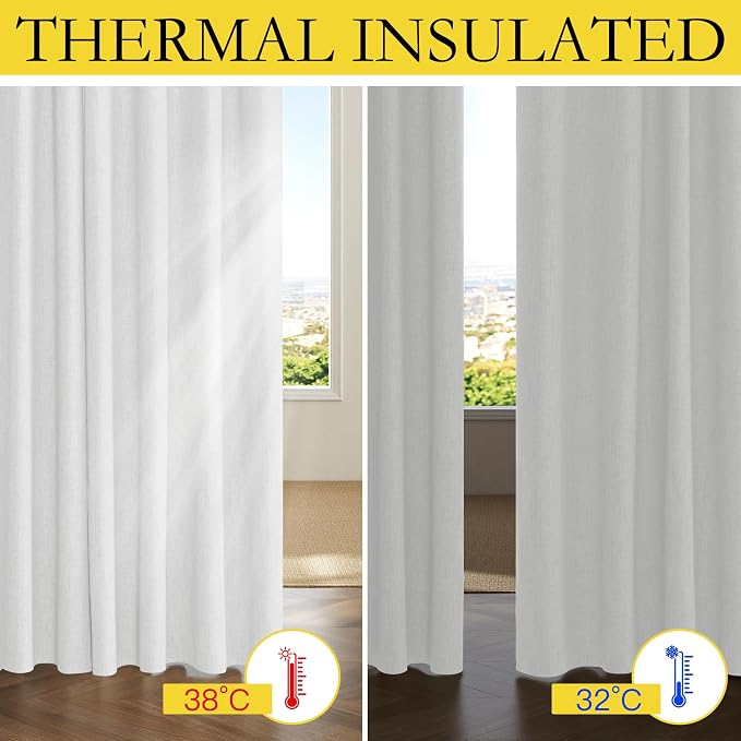 NICETOWN 100% Absolutely Blackout Linen Curtains with Thermal Insulated Liner, Greyish White, 42" Wide, 84" Length Energy Saving Curtains for Living Room 2 Panels Set, Vertical Blinds