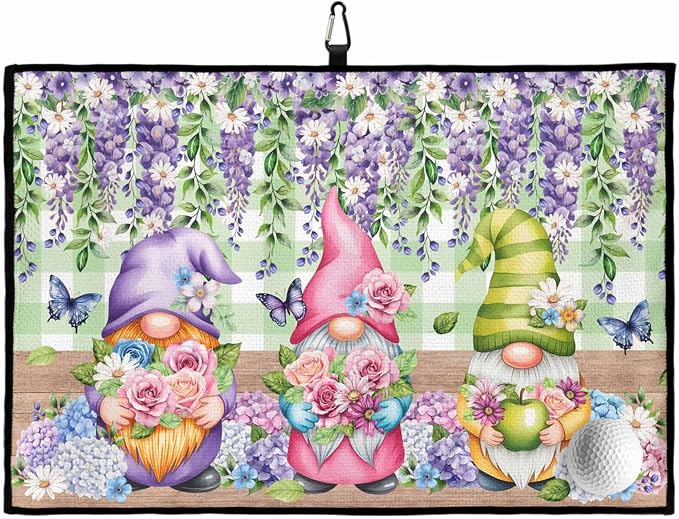 Blue Purple Gnomes Golf Towel with Clip, Spring Hydrangea Flower Leaf Green Plaid Large Microfiber Women Men Sports Work Out Disc Golf Bag Towel for Yoga, Gym, Fitness, Swimming Towels Accessory