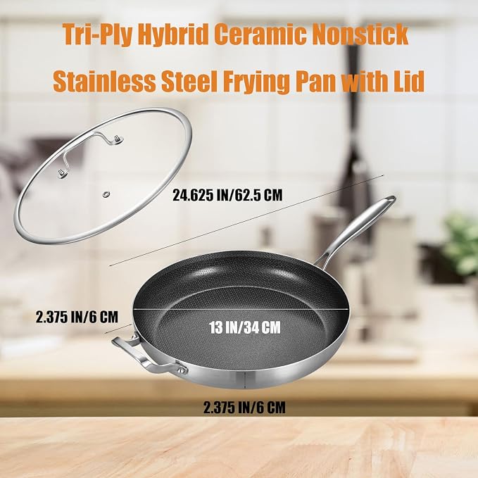 Inqibee 13 Inch Hybrid Ceramic Nonstick Chef's Pan with Lid | Tri-Ply Stainless Steel Skillet for 3-5 People, Scratch Resistant Surface, Induction Compatible, Dishwasher & Oven Safe